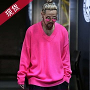 韩国韩版男士女款亮粉色V领宽松大码潮流套头休闲针织衫超薄毛衣