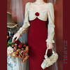 巷里法式复古红色连衣裙，秋冬赫本宫廷玫瑰拼接气质，订婚小礼服长裙
