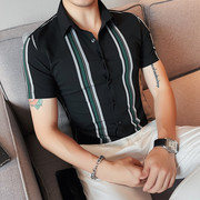 夏季款韩版修身男士短袖衬衫轻奢简约款条纹拼色高弹力小翻领衬衣