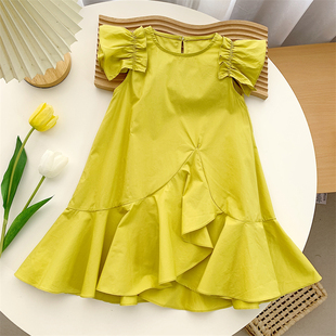 夏季女童洋气连衣裙宝宝时尚，设计感果绿色，背心裙公主裙荷叶边