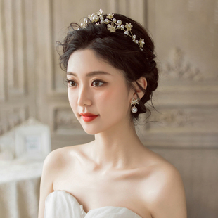 新娘头饰韩式金色花朵发箍珍珠结婚纱礼服发饰写真妍希