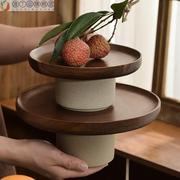日式水果点心创意陶土高脚蛋糕盘，木质托盘下午茶点盘摆盘甜品台。