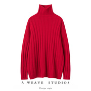 男女红色粗坑条重磅山羊绒粗棒针织加厚短高领毛衣衫