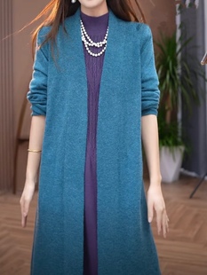 高端羊绒针织开衫毛衣，简约纯色长袖，中长款时尚修身外披大衣女