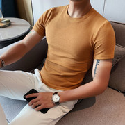 夏装华夫格修身纯色打底衫男士圆领短袖T恤矮个子XS码小号155体恤
