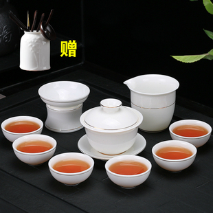 茶具套装家用陶瓷功夫茶具，6人整套简约手绘白瓷，盖碗茶壶茶杯套装