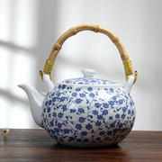 青花瓷大茶壶家用陶瓷泡茶壶1000毫升高白瓷茶壶饭店单茶壶蓝叶
