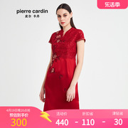 皮尔卡丹女夏季红色绣花旗袍，一步裙气质连衣裙p82ds07r0