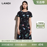 桑蚕丝landi蓝地真丝印花v领连衣裙，女2023年夏季短袖裙子