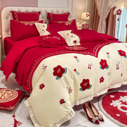 婚庆田园刺绣床上四件套纯棉大红色喜被套全棉小清新床单结婚床品