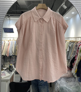 maymkon米可24夏装，新小翻领单排扣韩版休闲粉色，短袖衬衫宽松上衣