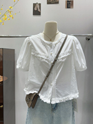 气质减龄 圆领精致白色衬衫女夏季法式蕾丝花边小衫短袖上衣