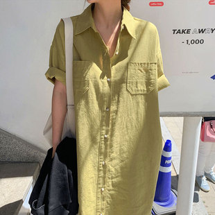 韩国chic夏季简约小众翻领，单排扣口袋宽松纯色短袖，衬衫式连衣裙女