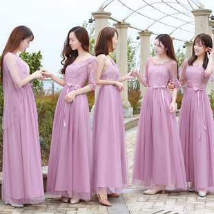 伴娘礼服女2024韩版姐妹团长款显瘦一字肩连衣裙大合唱团服