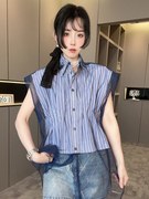 RR fashion 条纹衬衫女2024夏季法式网纱拼接假两件翻领上衣