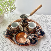 土耳其手工雕刻铜胎画珐琅，彩手冲咖啡杯，壶套装贵金属