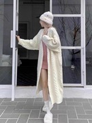 纯色中长款麻花毛衣外套女秋冬季韩版宽松慵懒风，加厚针织开衫