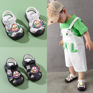 夏季小童男婴幼儿凉鞋0-1-3岁宝宝学步鞋软底男宝宝包头凉鞋闪灯