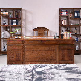 鸡翅木办公桌书房仿古中式实木书桌，家用红木写字台原木老板桌单人