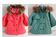 韩国童装潮品店冬季女童夹棉双排扣两色斗篷气质毛呢大衣外套