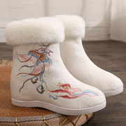 冬季高跟汉服布靴女加厚坡跟，中筒棉鞋加绒保暖内民族风绣花鞋