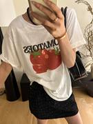 番茄印花图案短袖t恤女欧洲站夏装，2024欧货女装韩版打底衫潮