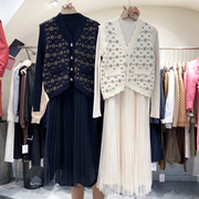 yue.fs复古绣花马甲，针织衫两件套冬装，韩版拼接网纱连衣裙套装