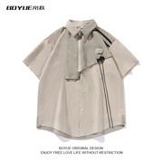 boyue帛跃拼接假两件衬衫，夏季美式设计感情侣时尚短袖男上衣