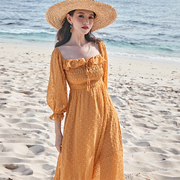奈良一字肩连衣裙沙滩裙海边度假三亚拍照黄色，超仙小个子波西米亚