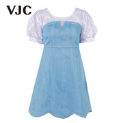 vjc威杰思女装，春夏短袖连衣裙，商场同款蓝色牛仔拼接蕾丝