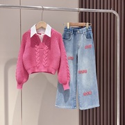女童假两件衬衫毛衣套装2024冬季韩版甜酷绣花加绒阔腿牛仔裤