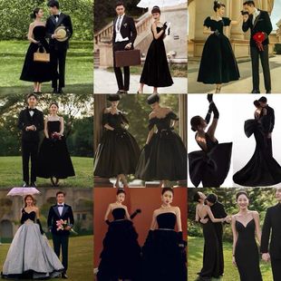 影楼拍照主题服装，复古赫本风黑色丝绒晚礼服，法式情侣旅拍婚纱摄影