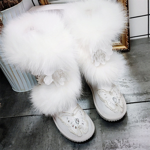冬季独家设计狐狸毛高筒真皮加厚保暖防滑雪地靴女靴女神棉靴