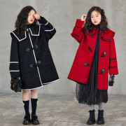 冬季韩版女童宽松呢子外套中大童亲子气质中长款过年红色呢料大衣
