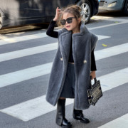 韩国童装2022冬秋冬100%羊毛皮草马甲长款加厚保暖大牌毛马甲