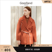 配腰带Goodland美地女装冬季中长款纯羊毛双面呢大衣外套