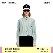 iiiviviniko夏季色织条纹学院，感截短式全棉衬衫女m320437162f