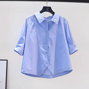 蓝色全棉衬衣女短袖2024设计感小众拼接气质小清新文艺范上衣(范上衣)