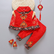 儿童唐装女童冬装新年棉，衣女宝宝0-1-2岁生日礼服，加厚中国风套装