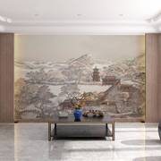 新中式餐厅古典山水楼阁建筑墙布轻奢客厅沙发壁画电视背景墙壁布