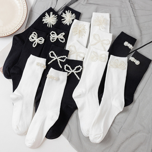 蝴蝶结珍珠袜子女中筒袜春秋白色，jk日系可爱甜美复古长袜黑色棉袜