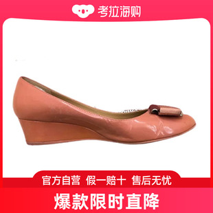 香港直邮Ferragamo菲拉格慕女士坡跟鞋粉色皮革金属扣蝴蝶结时尚