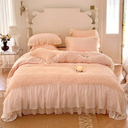 四件套高端纯棉贡缎家纺，床品风长绒棉粉色浪漫玫瑰，花朵公主140支