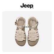 jeep厚底编织罗马女夏季软底2022复古舒适真皮小坡跟凉鞋纯色平跟