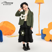 高级设计感韩版休闲西服2023年春季廓形军绿色西装外套女童新