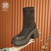 韩版厚底短靴女百搭方头拼接瘦瘦靴2023年秋季粗跟高跟时装靴