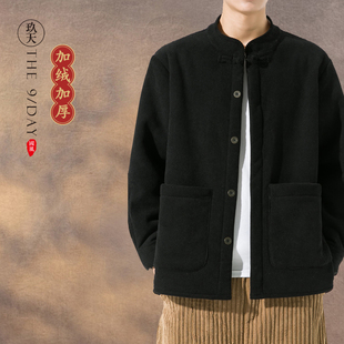 冬季中式男装立领盘扣汉服唐装中国风灯芯绒加绒保暖外套夹克红色