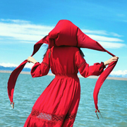 复古民族风红色连衣裙女沙漠，旅拍新疆吐鲁番宁夏旅游长裙海边度假