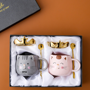 创意卡通可爱猫陶瓷马克杯，情人节送礼情侣，对杯套装一对杯子带盖勺