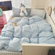 ins风奶油蓝混搭格子纯棉床上四件套男孩全棉被套学生寝室三件套